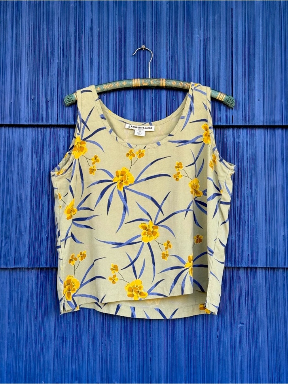 Silk Tank with Yellow Floral Print and Blue Leaves